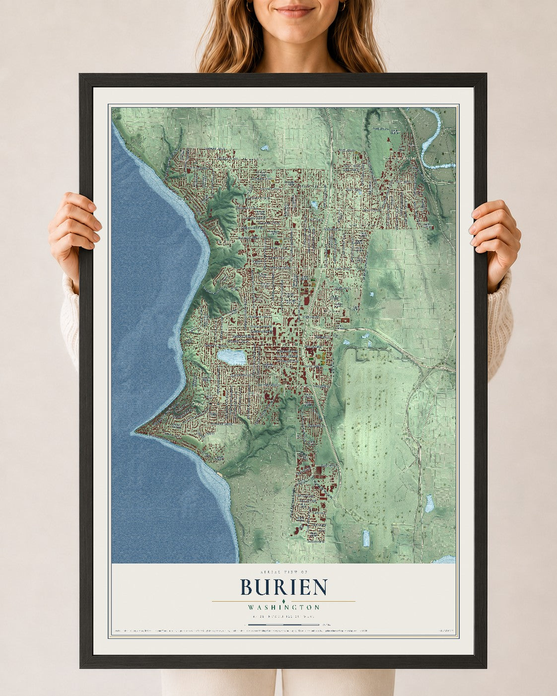Map of Burien, Washington, 24 x 36 inch print in a black wood frame