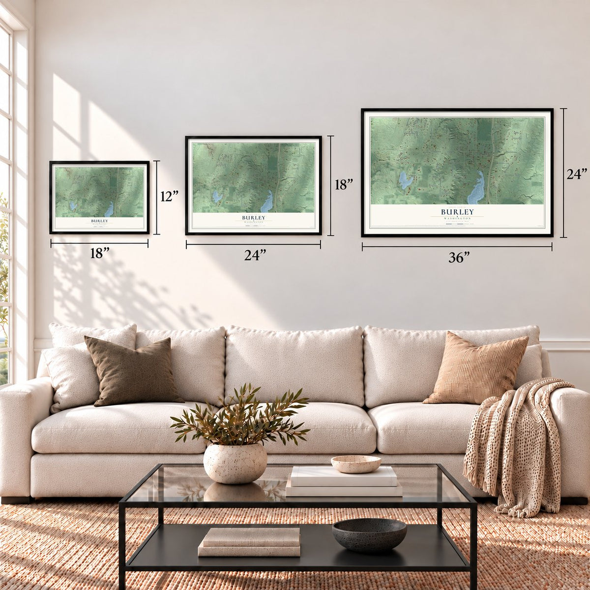 Burley, Washington map in 12 x 18, 18 x 24 and 24 x 36 inch sizes above a sofa