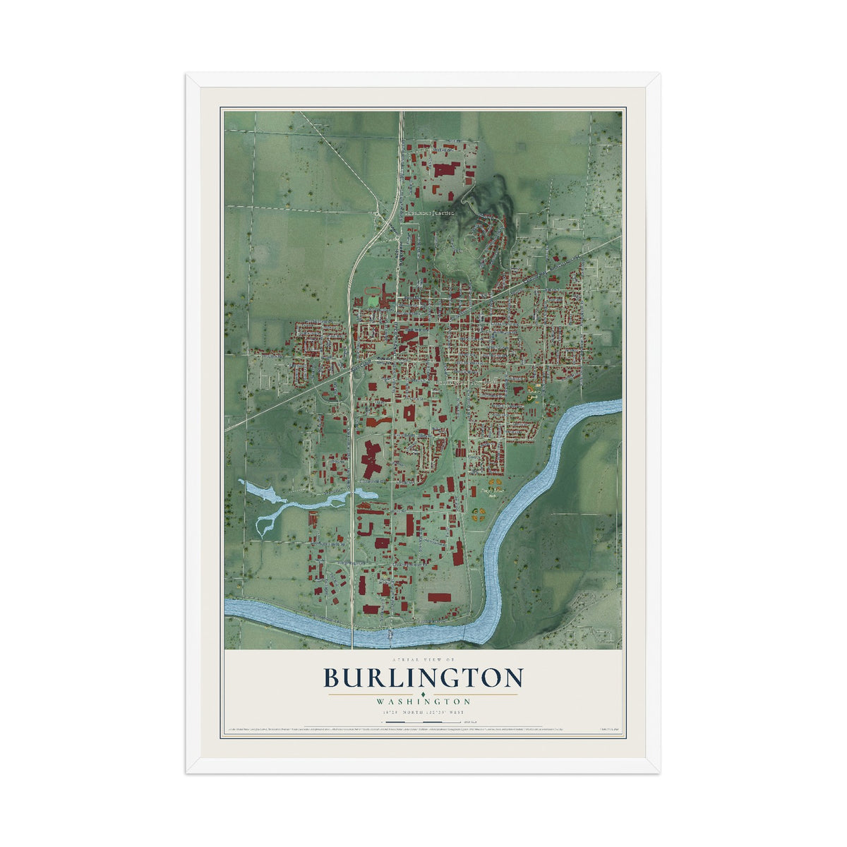 Map of Burlington, Washington, 12 x 18 inch print in a white wood frame