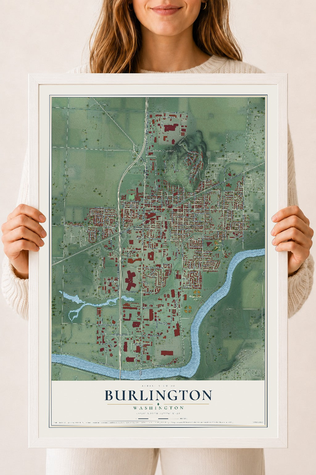Map of Burlington, Washington, 18 x 24 inch print in a white wood frame