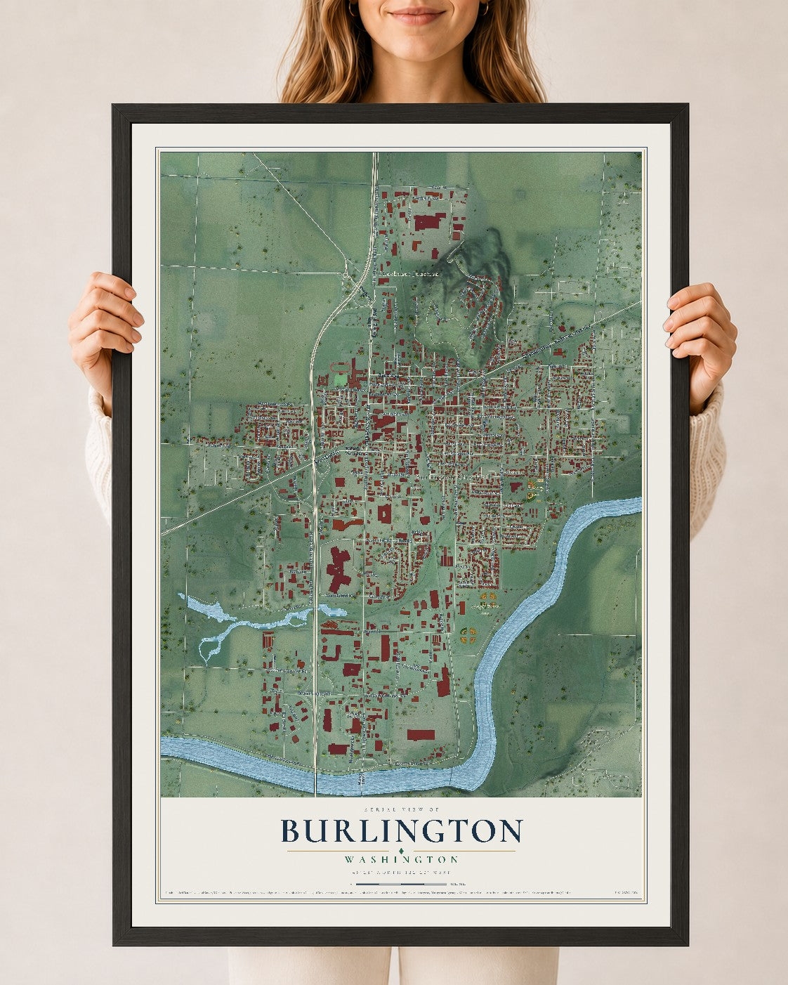 Map of Burlington, Washington, 24 x 36 inch print in a black wood frame