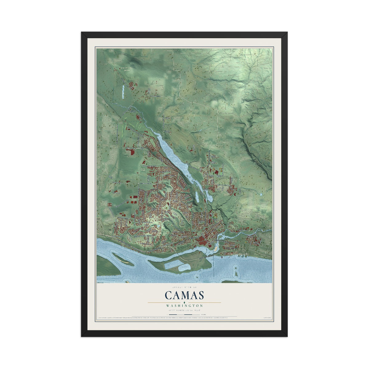 Map of Camas, Washington, 12 x 18 inch print in a black wood frame