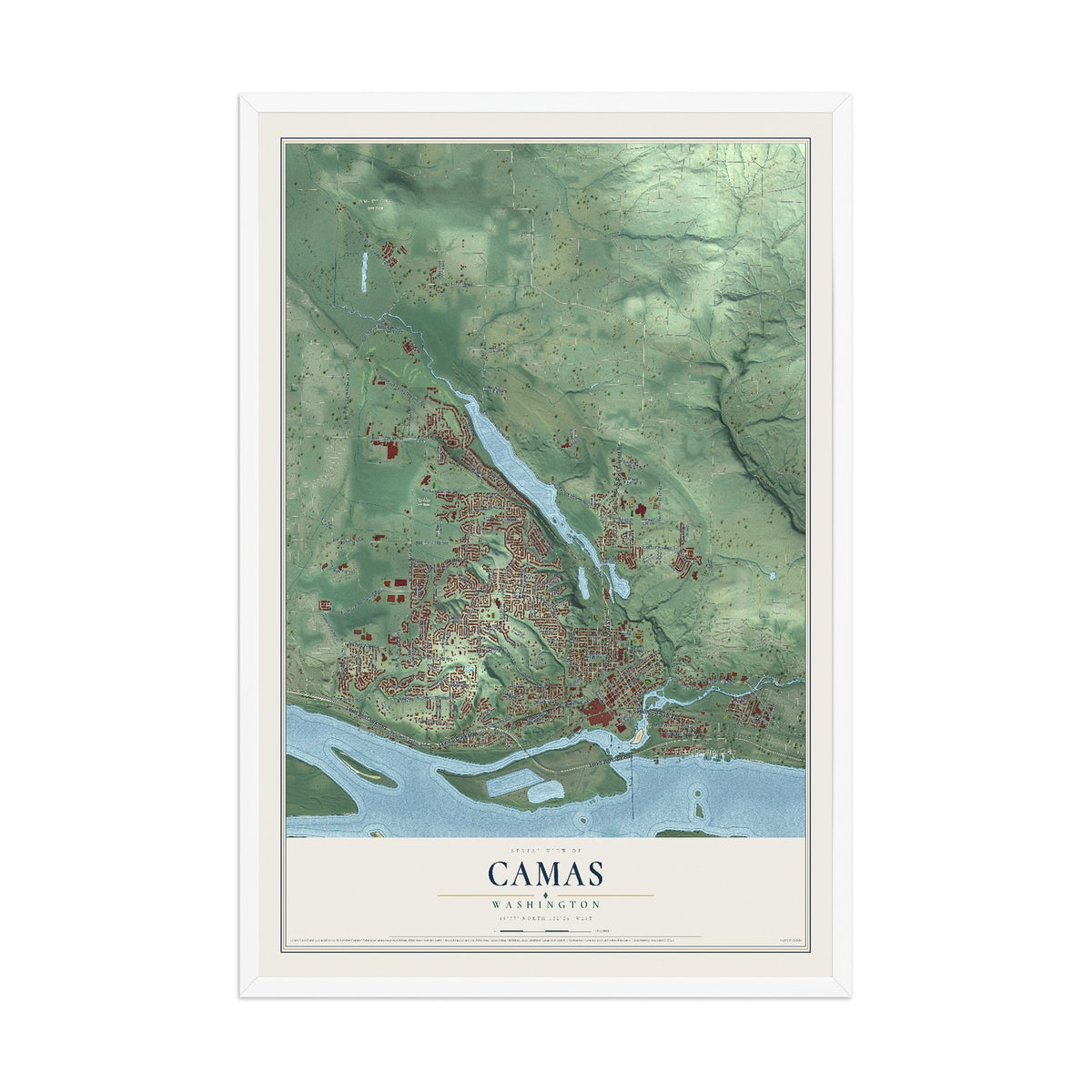 Map of Camas, Washington, 12 x 18 inch print in a white wood frame