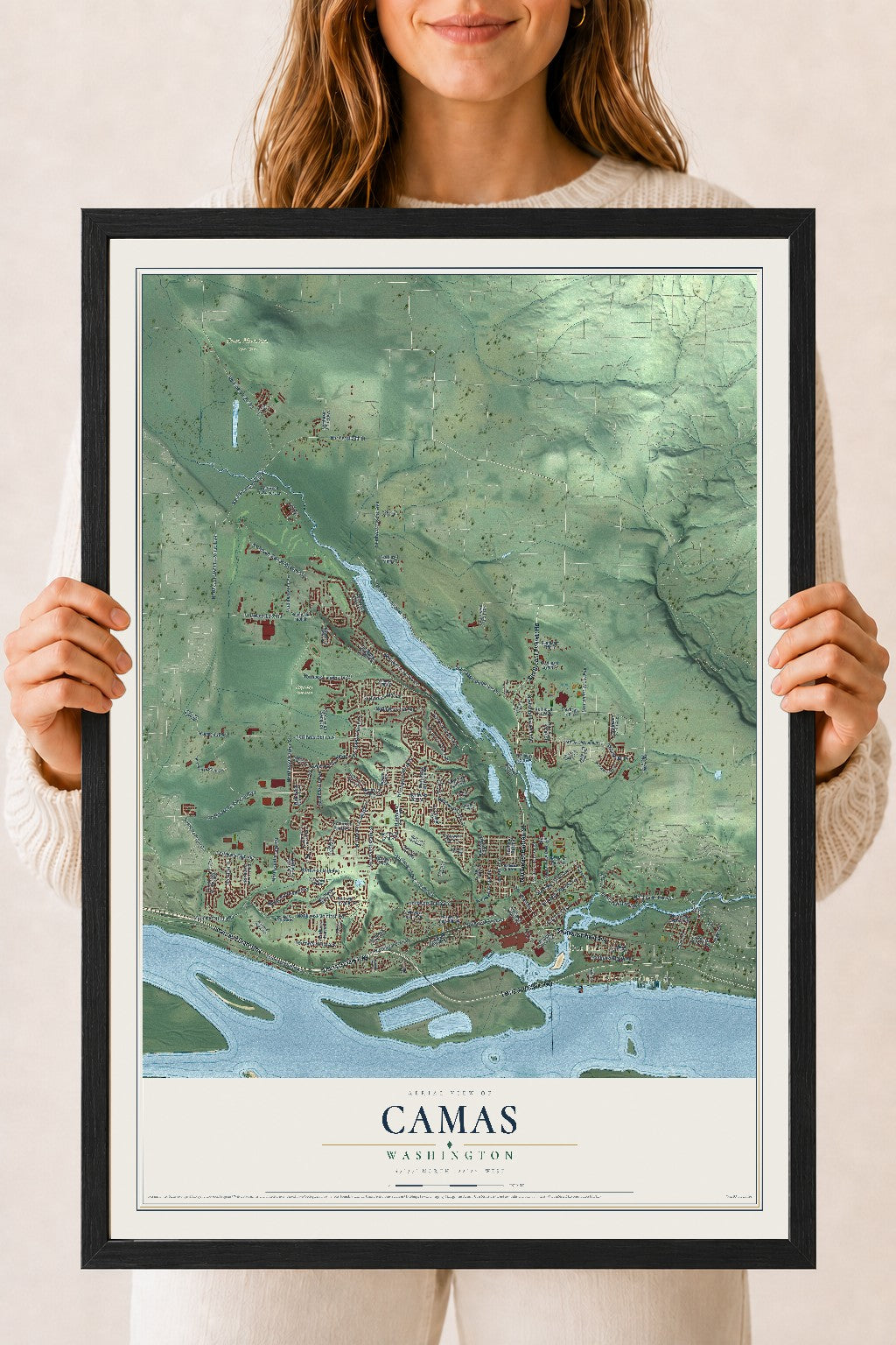 Map of Camas, Washington, 18 x 24 inch print in a black wood frame