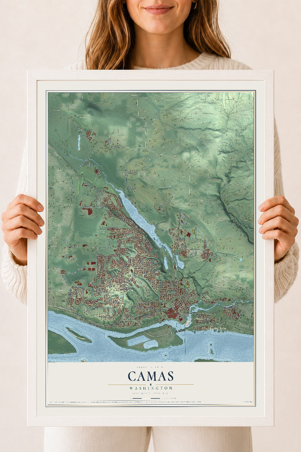 Map of Camas, Washington, 18 x 24 inch print in a white wood frame