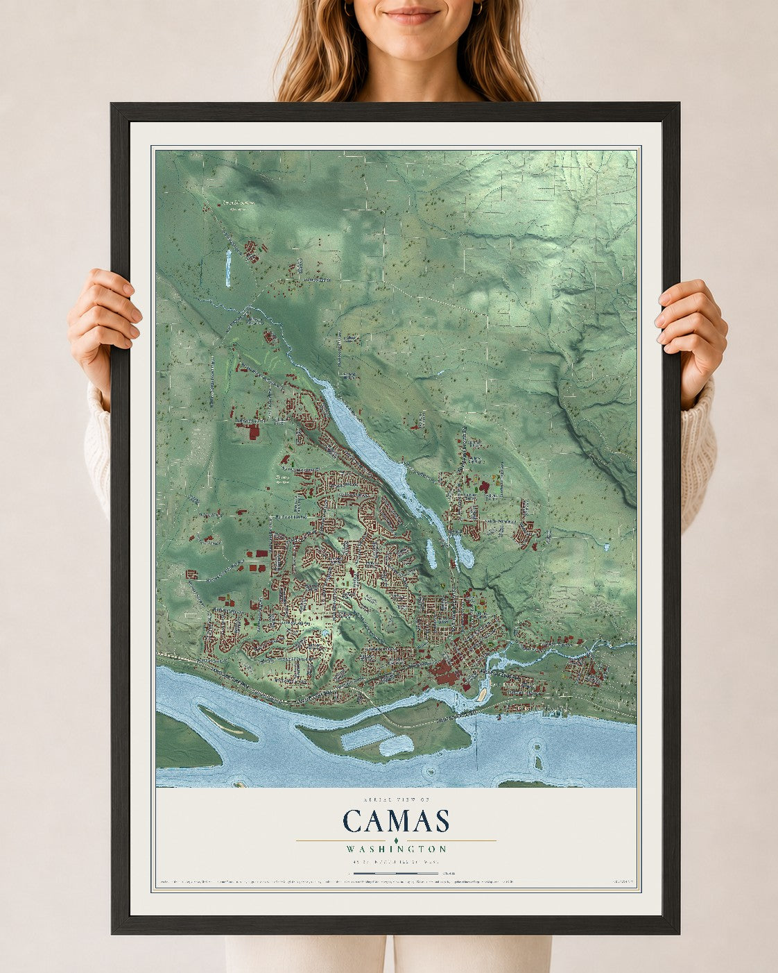 Map of Camas, Washington, 24 x 36 inch print in a black wood frame