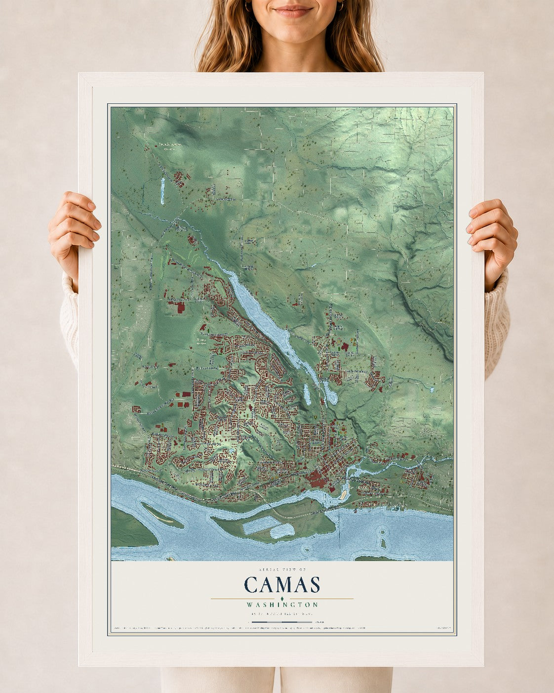 Map of Camas, Washington, 24 x 36 inch print in a white wood frame