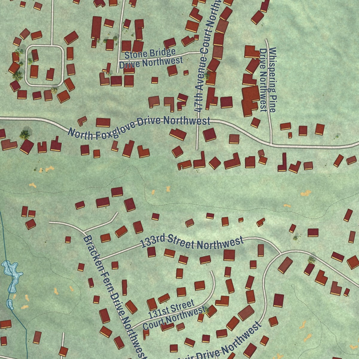 Close-up of the map of Canterwood, Washington print showing street and building detail