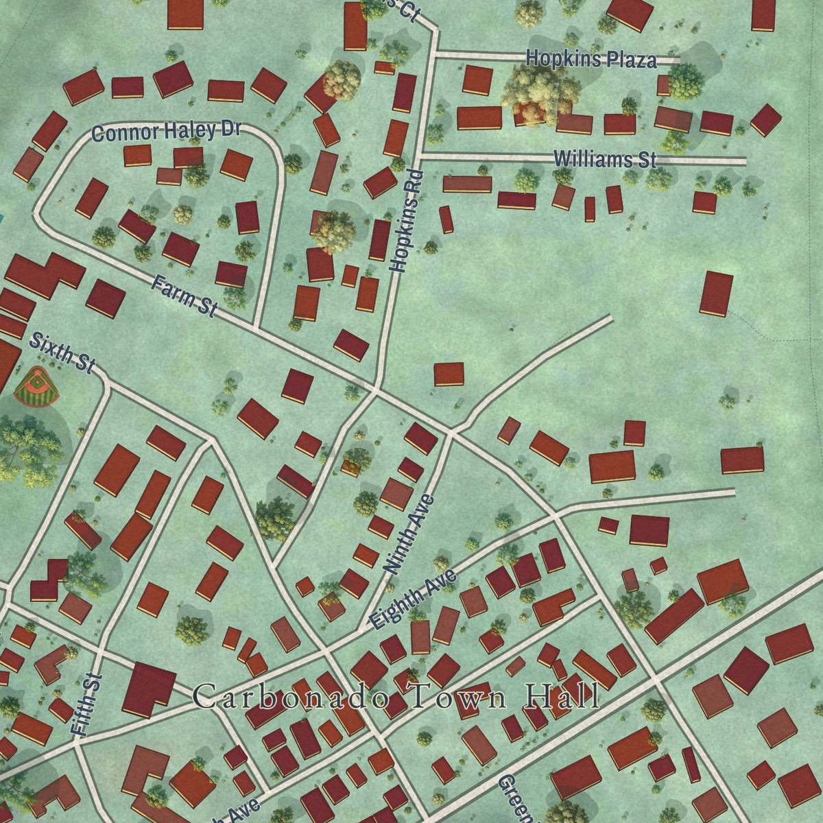 Close-up of the map of Carbonado, Washington print showing street and building detail