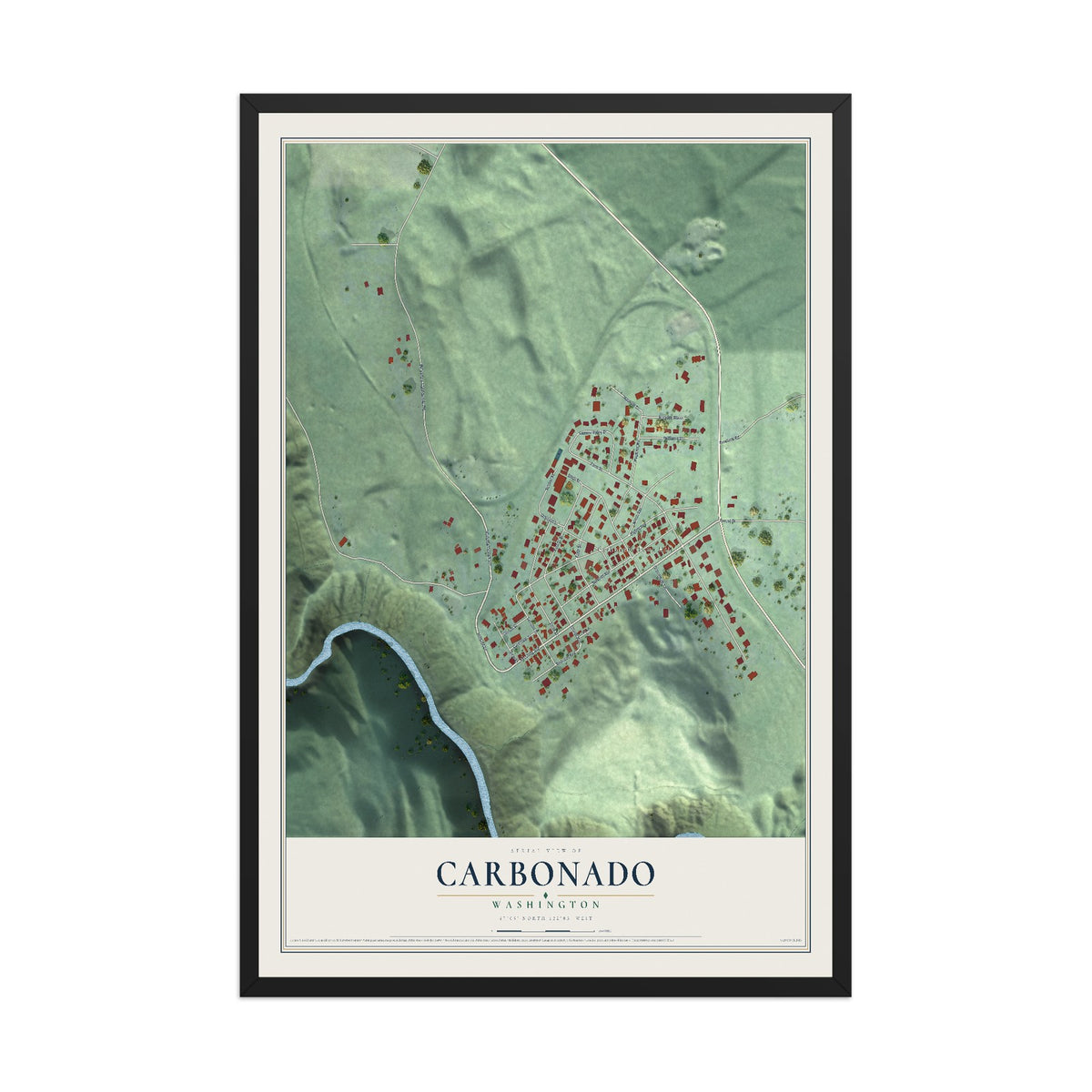 Map of Carbonado, Washington, 12 x 18 inch print in a black wood frame