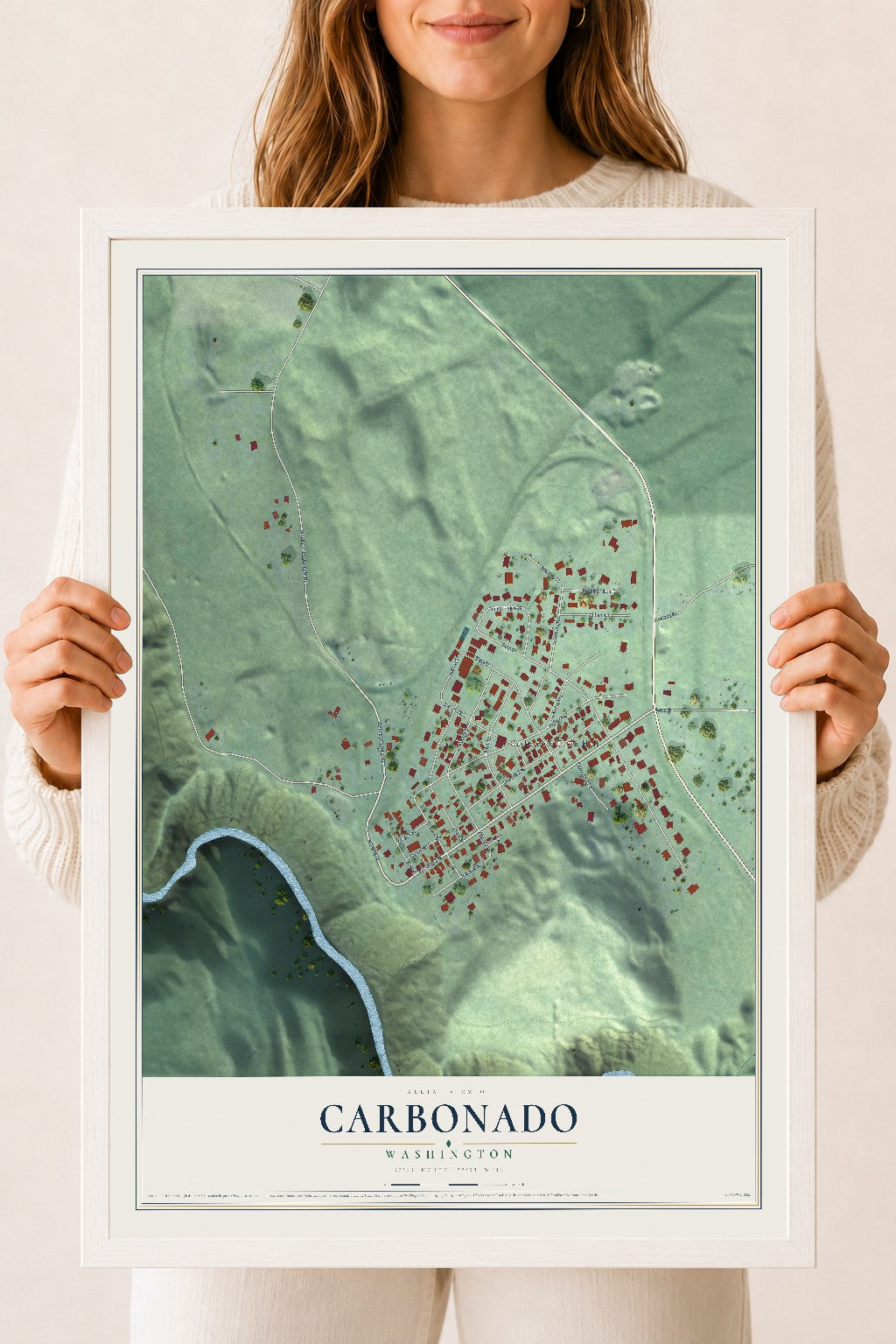 Map of Carbonado, Washington, 18 x 24 inch print in a white wood frame