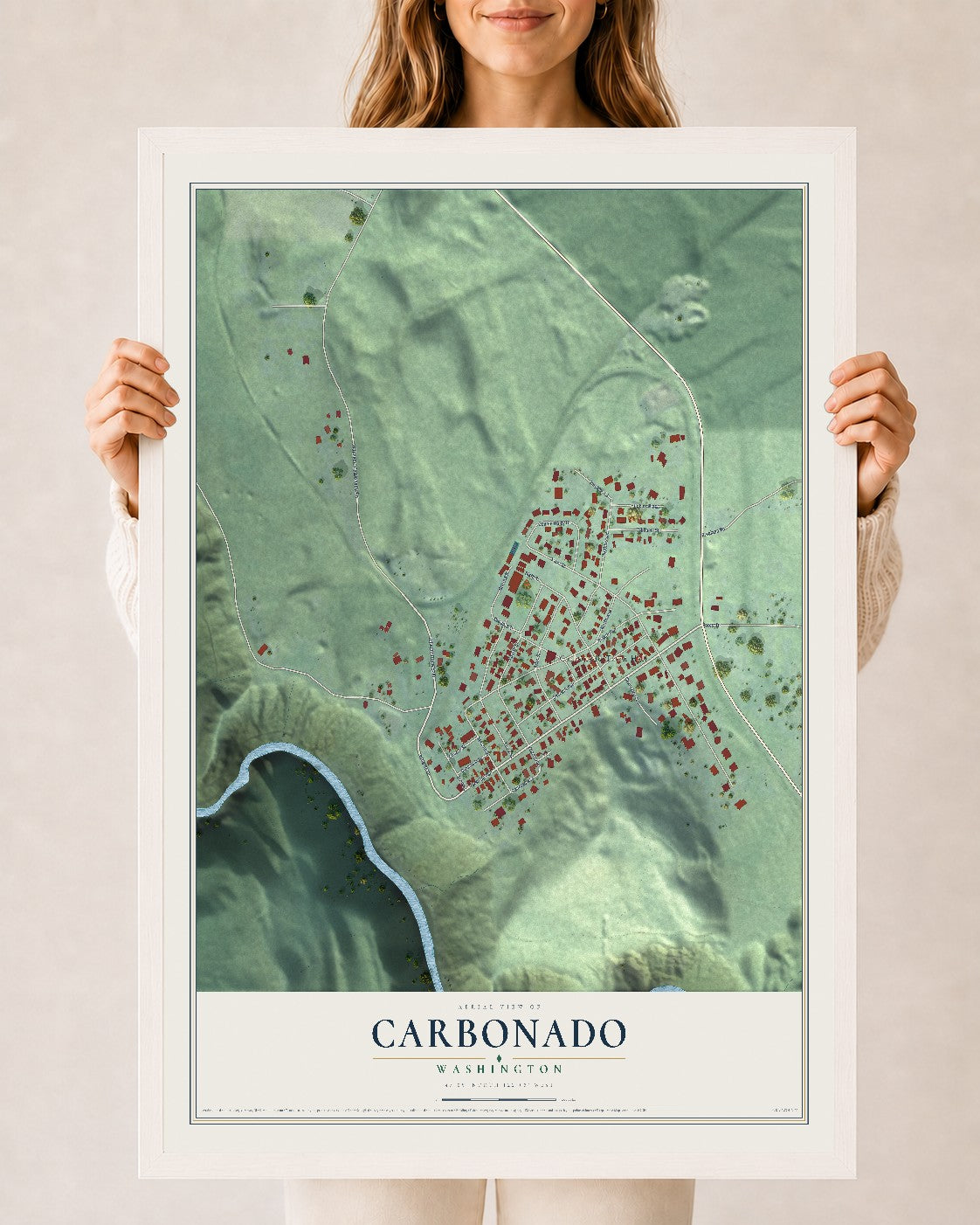 Map of Carbonado, Washington, 24 x 36 inch print in a white wood frame