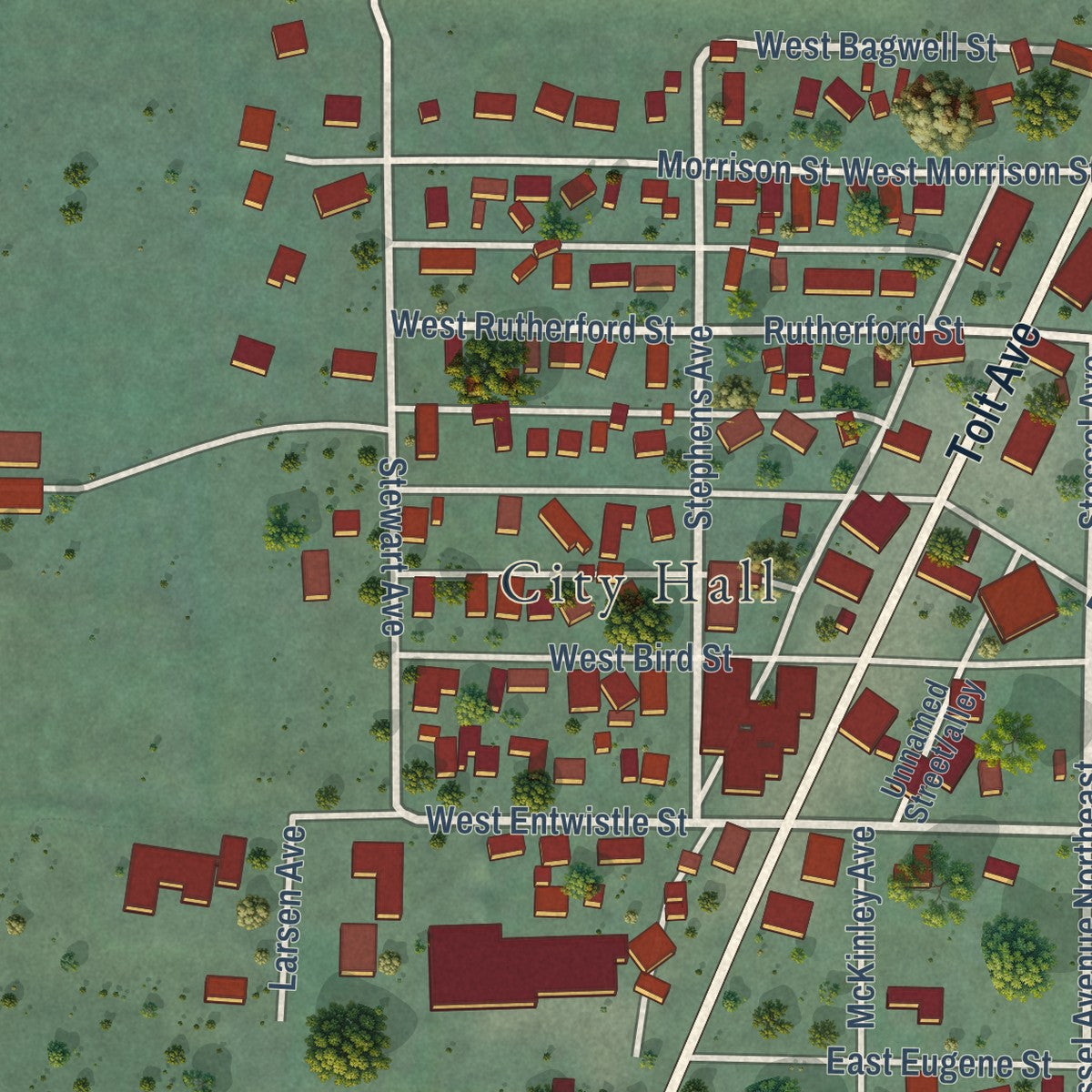 Second close-up of the map of Carnation, Washington print showing more streets and buildings