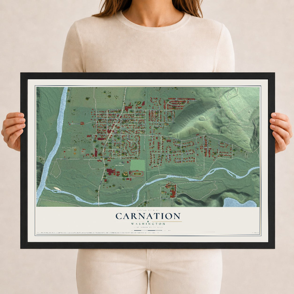 Map of Carnation, Washington, 12 x 18 inch print in a black wood frame