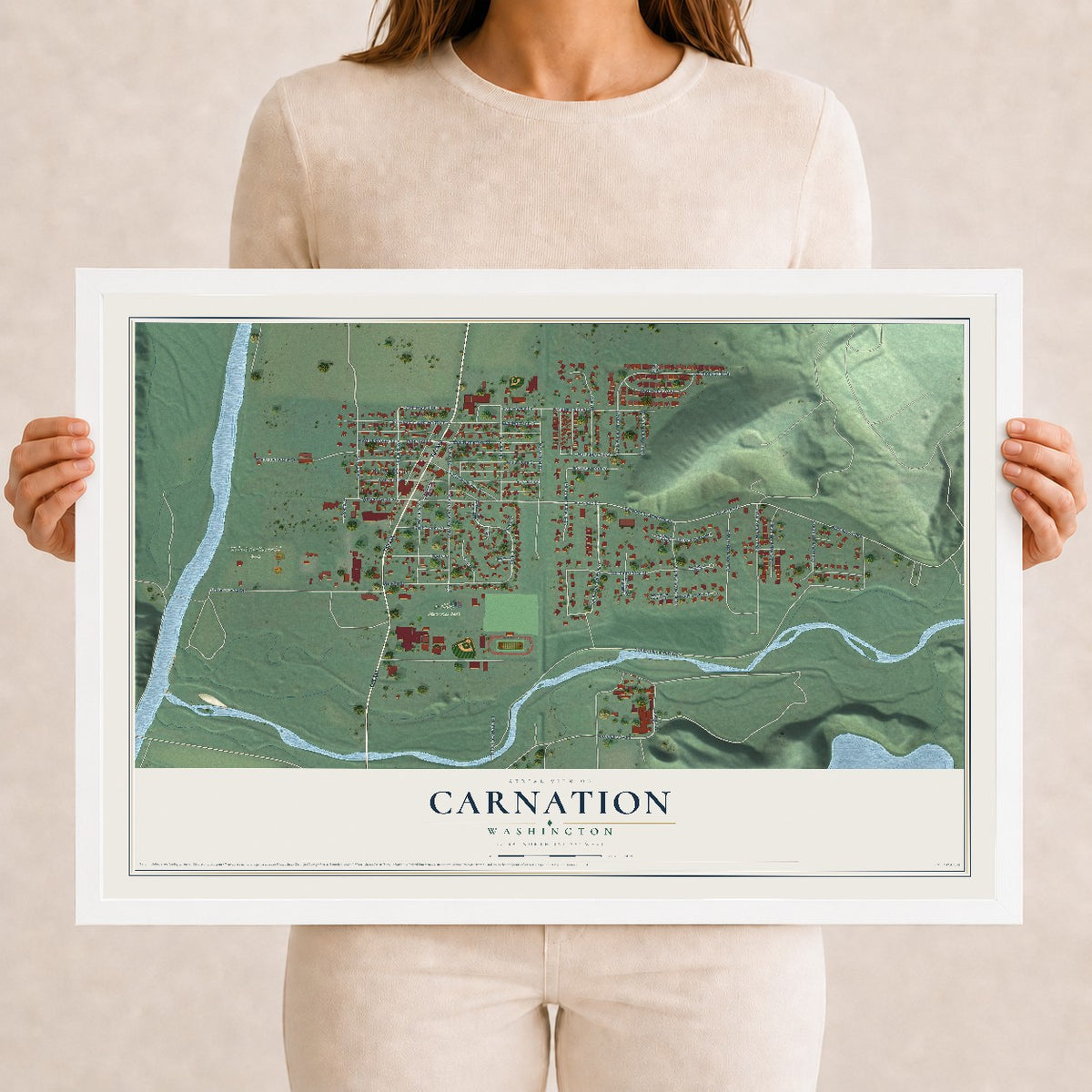 Map of Carnation, Washington, 12 x 18 inch print in a white wood frame