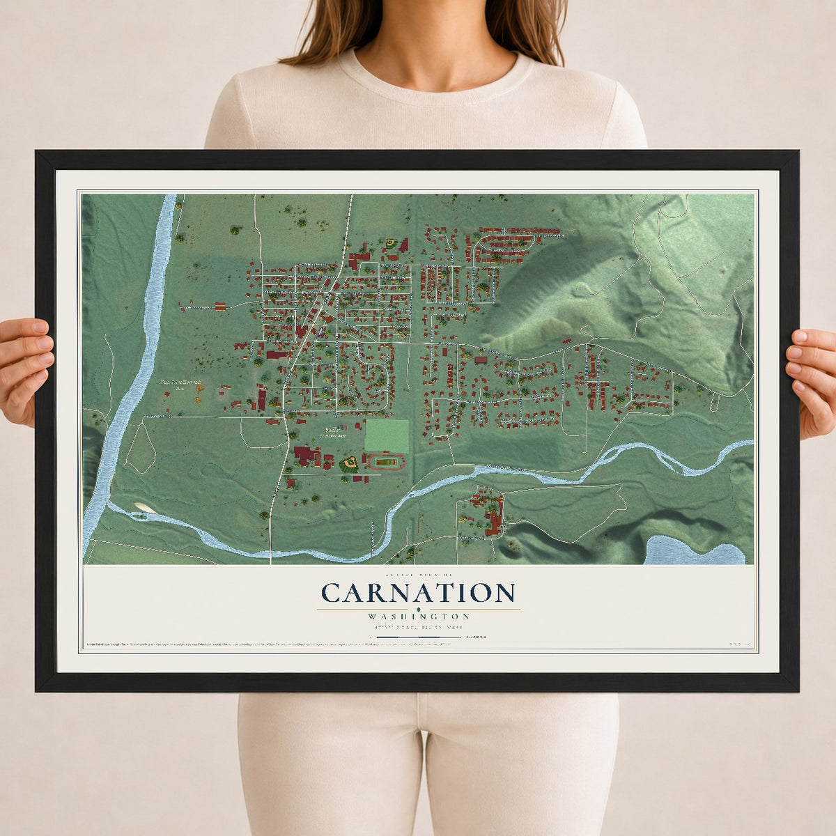 Map of Carnation, Washington, 18 x 24 inch print in a black wood frame