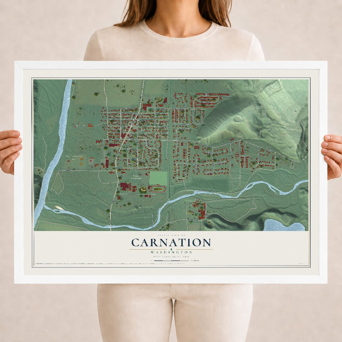 Map of Carnation, Washington, 18 x 24 inch print in a white wood frame