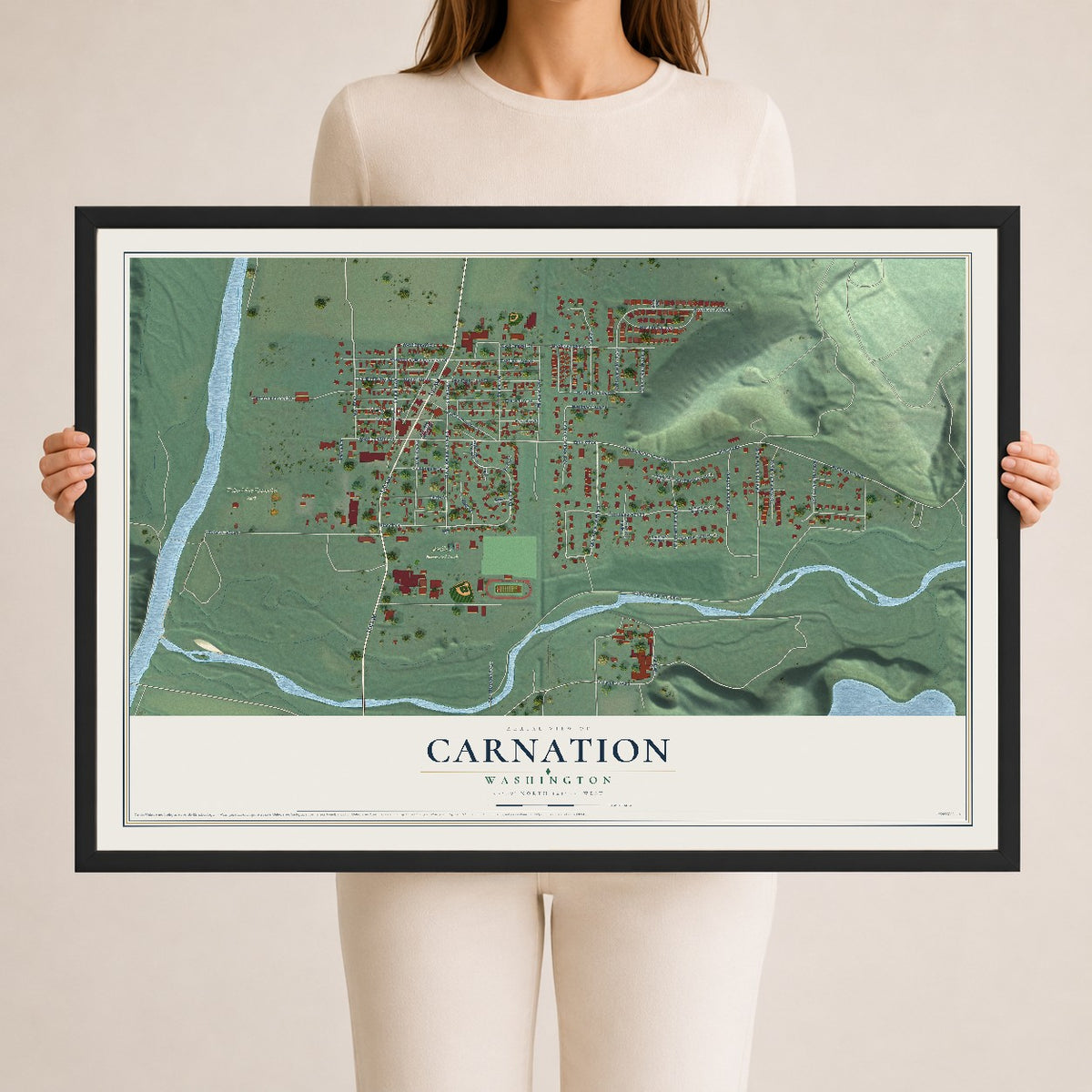 Map of Carnation, Washington, 24 x 36 inch print in a black wood frame