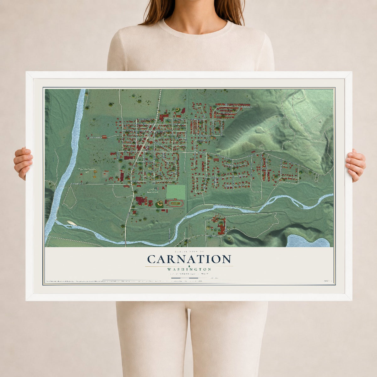 Map of Carnation, Washington, 24 x 36 inch print in a white wood frame