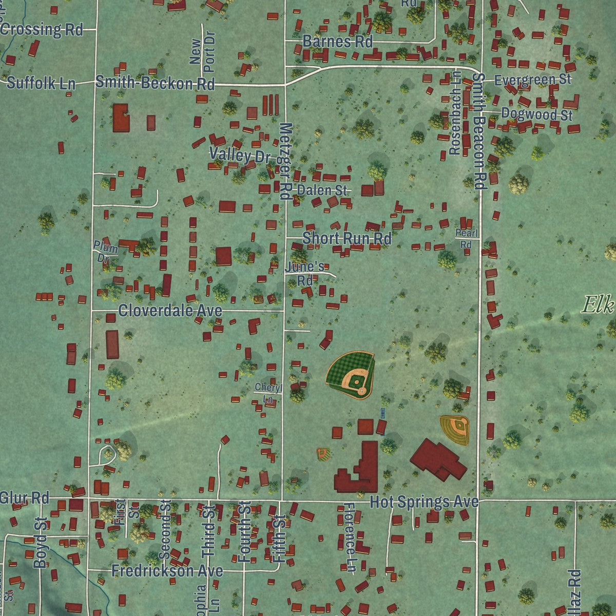 Close-up of the map of Carson, Washington print showing street and building detail