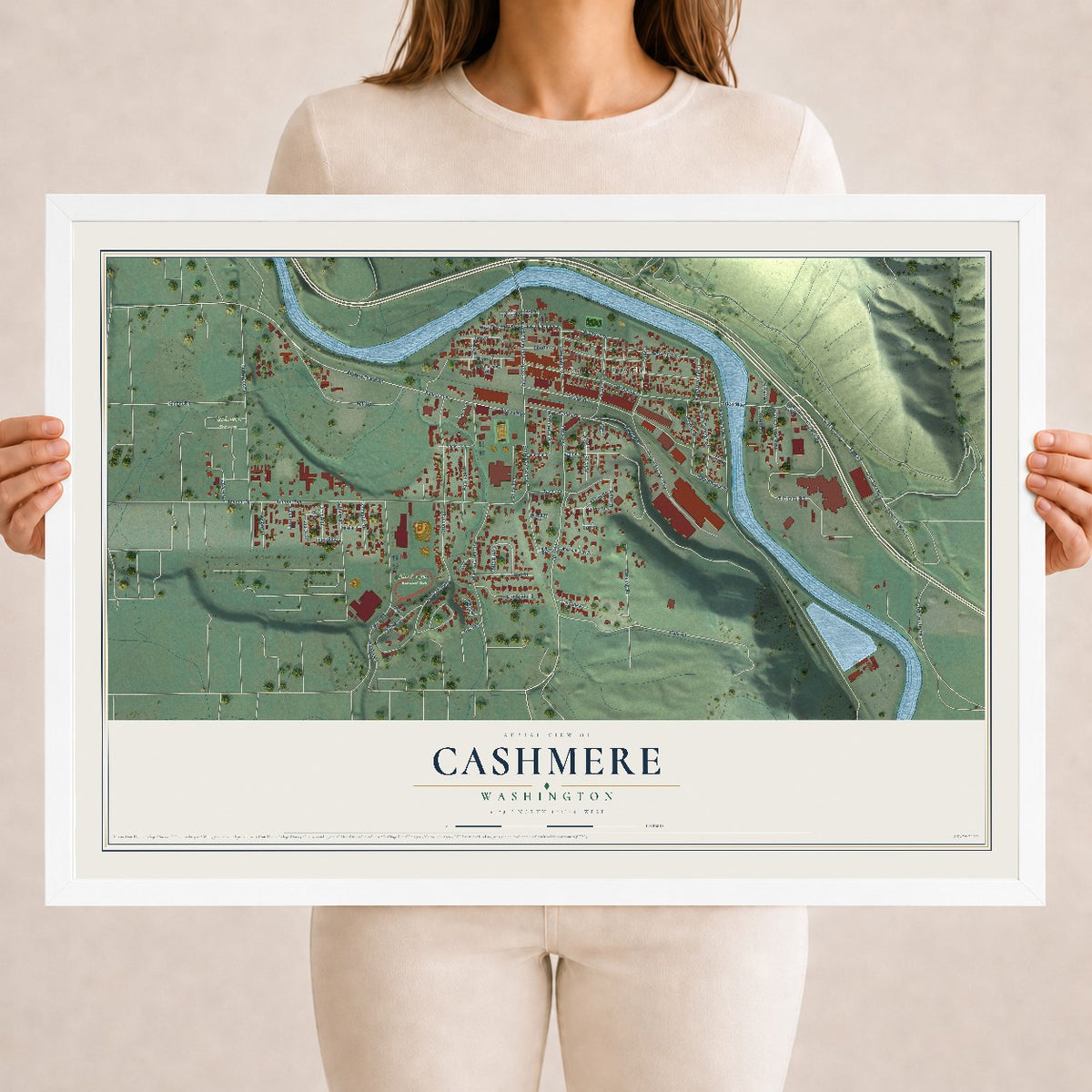 Map of Cashmere, Washington, 18 x 24 inch print in a white wood frame