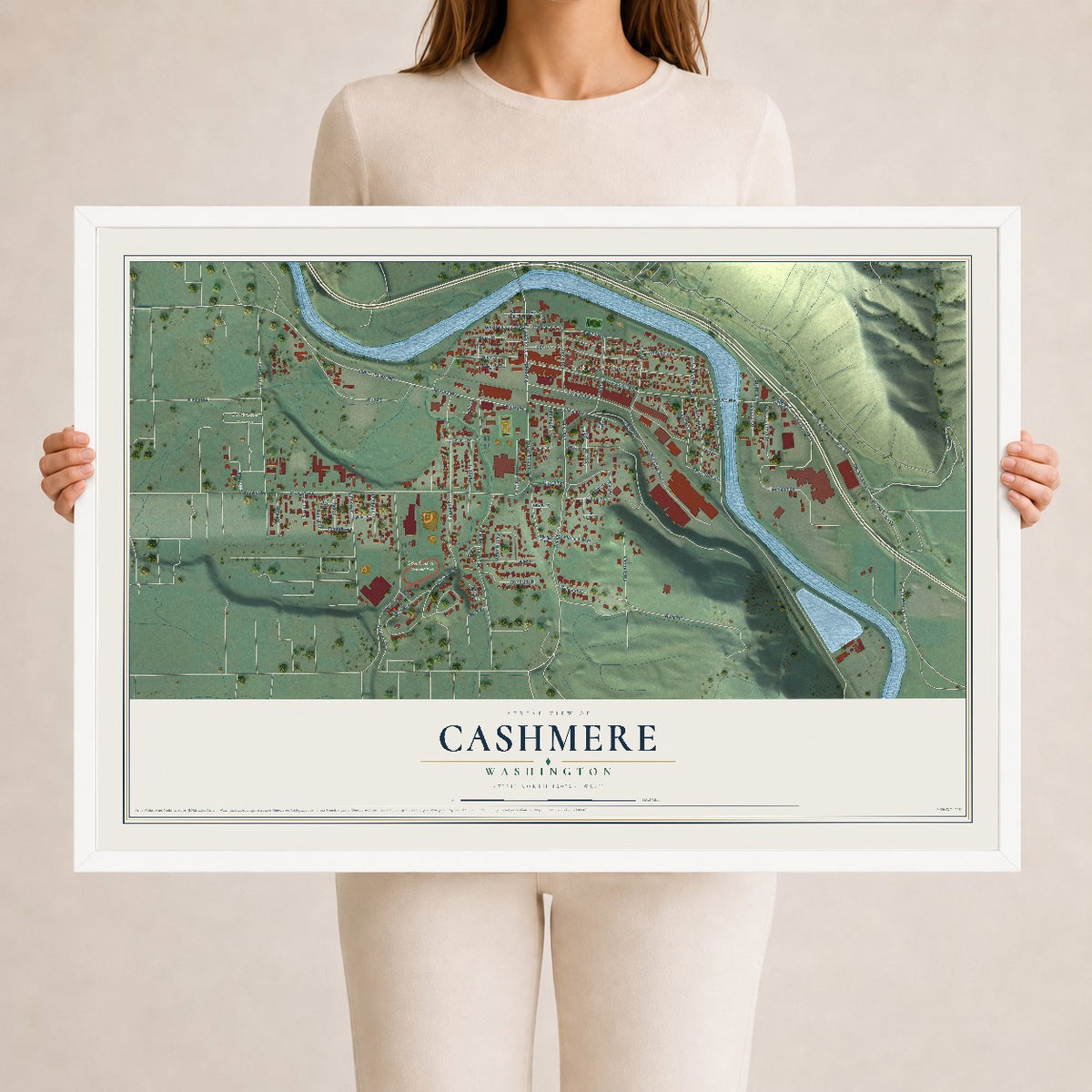 Map of Cashmere, Washington, 24 x 36 inch print in a white wood frame