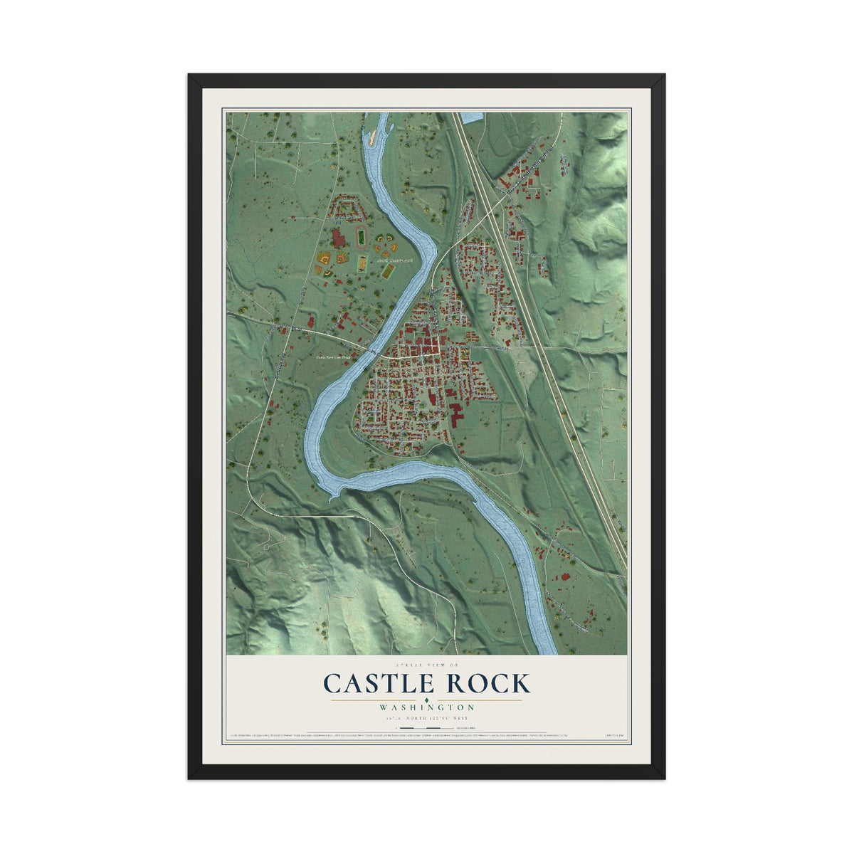 Map of Castle Rock, Washington, 12 x 18 inch print in a black wood frame