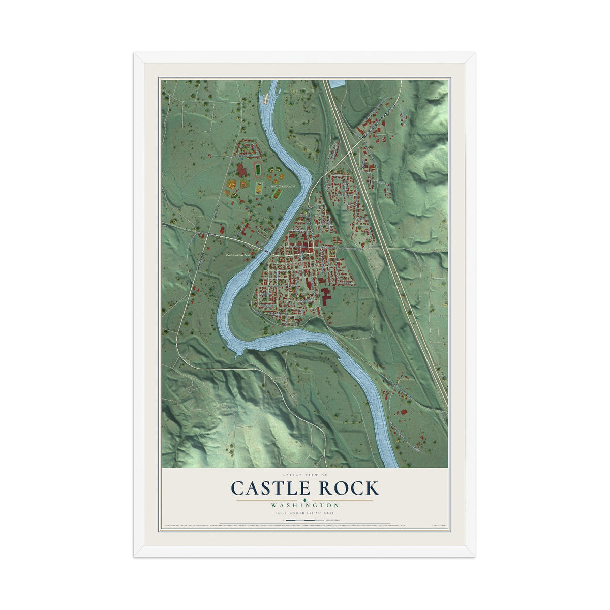Map of Castle Rock, Washington, 12 x 18 inch print in a white wood frame