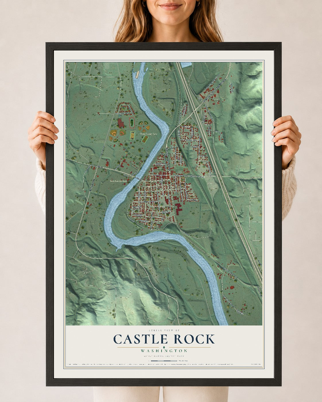 Map of Castle Rock, Washington, 24 x 36 inch print in a black wood frame