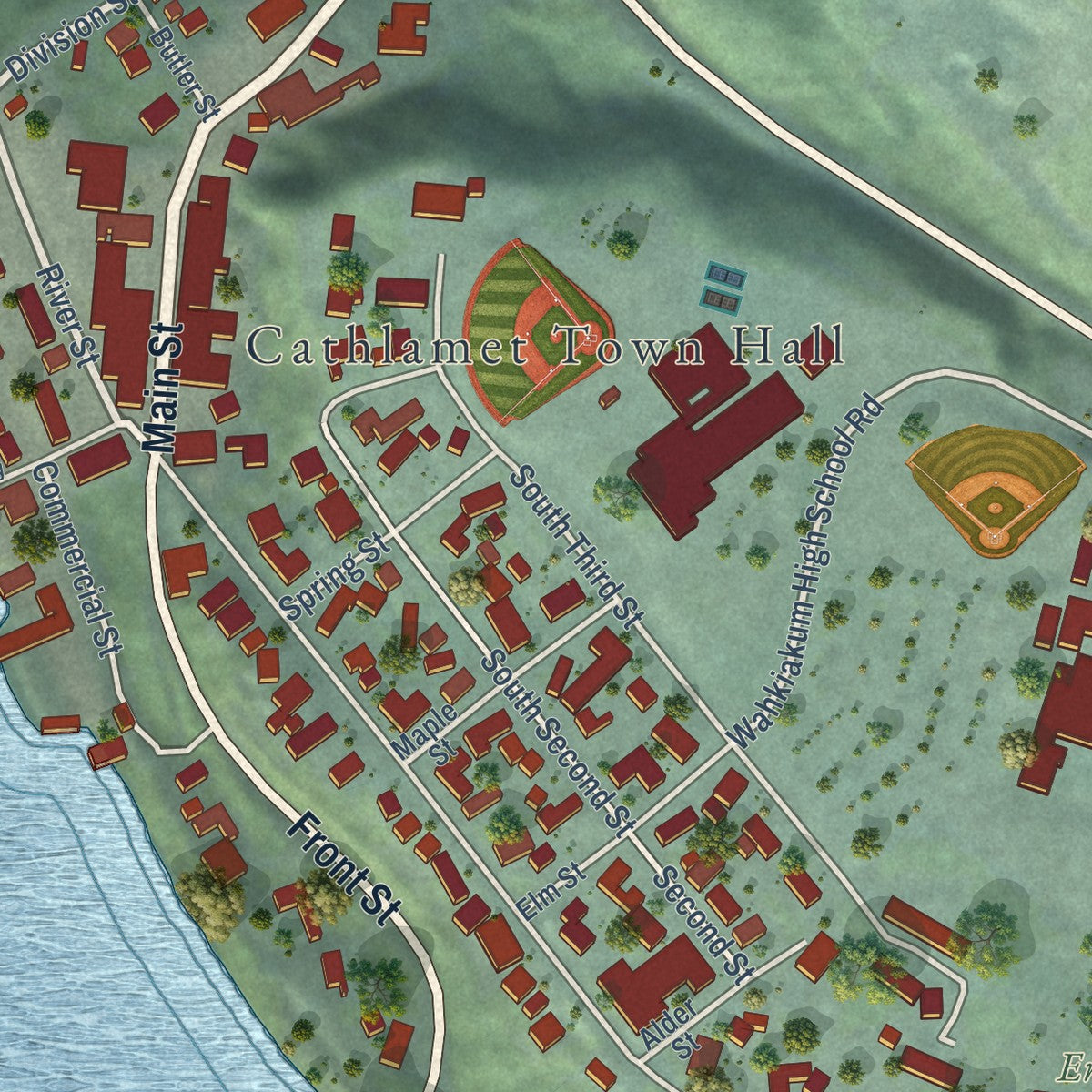 Close-up of the map of Cathlamet, Washington print showing street and building detail