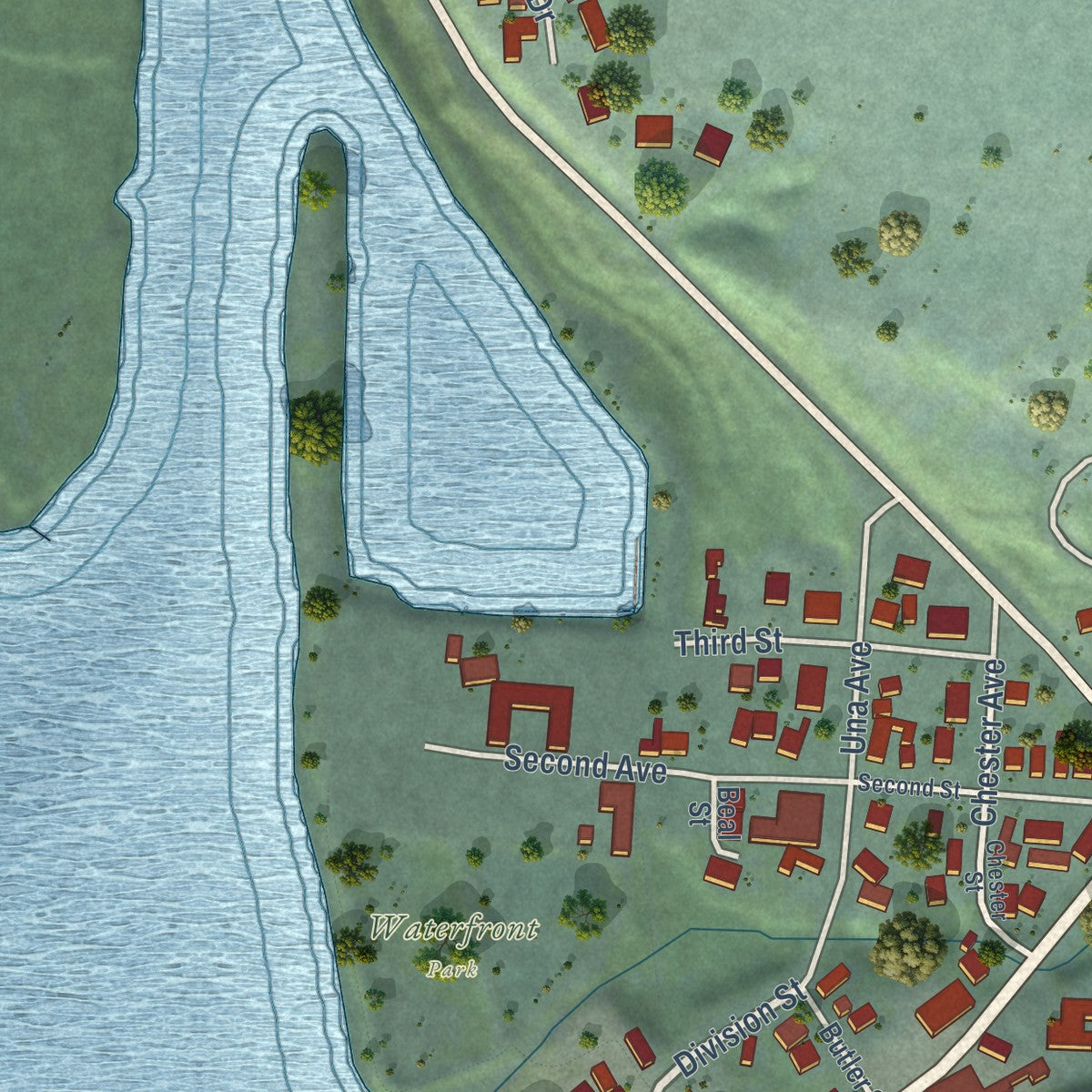 Second close-up of the map of Cathlamet, Washington print showing more streets and buildings