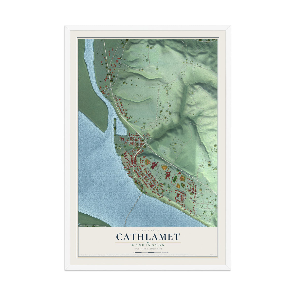 Map of Cathlamet, Washington, 12 x 18 inch print in a white wood frame