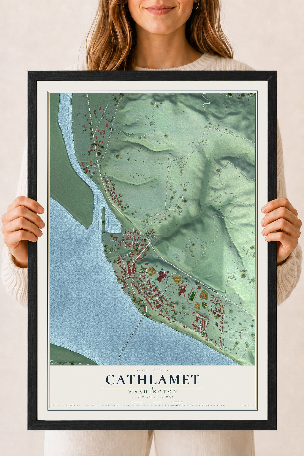 Map of Cathlamet, Washington, 18 x 24 inch print in a black wood frame