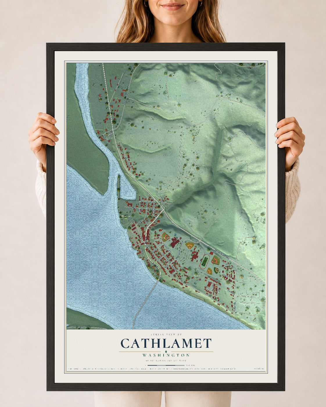 Map of Cathlamet, Washington, 24 x 36 inch print in a black wood frame