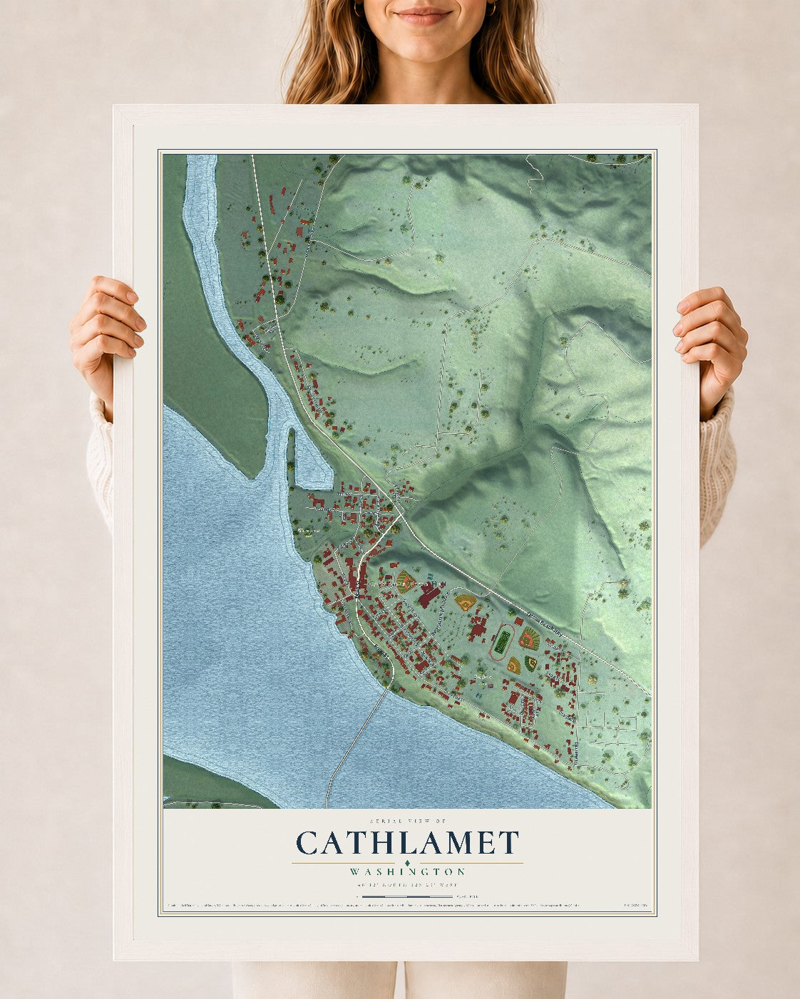 Map of Cathlamet, Washington, 24 x 36 inch print in a white wood frame