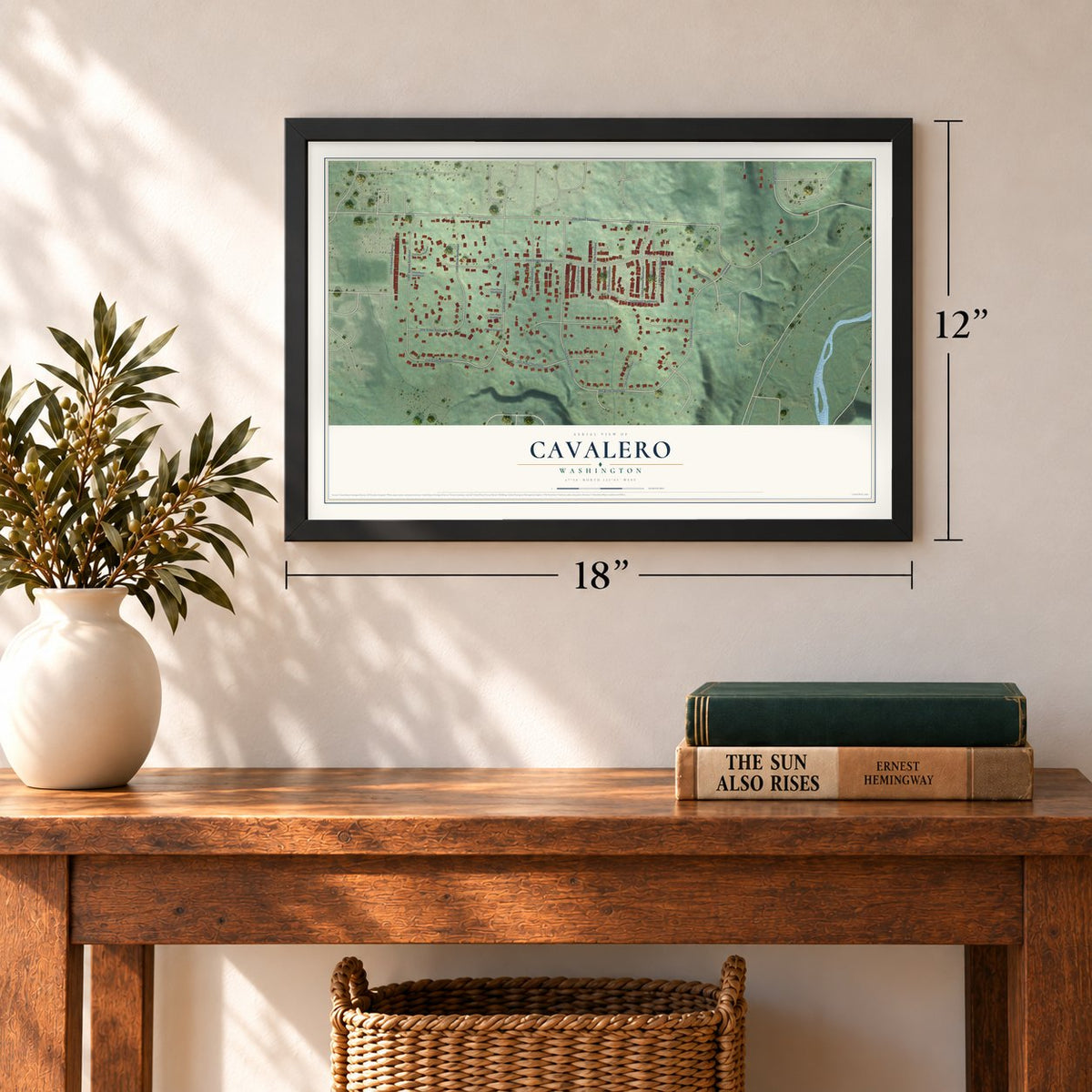 Cavalero, Washington map, 12 x 18 inch print in a black frame in an entryway
