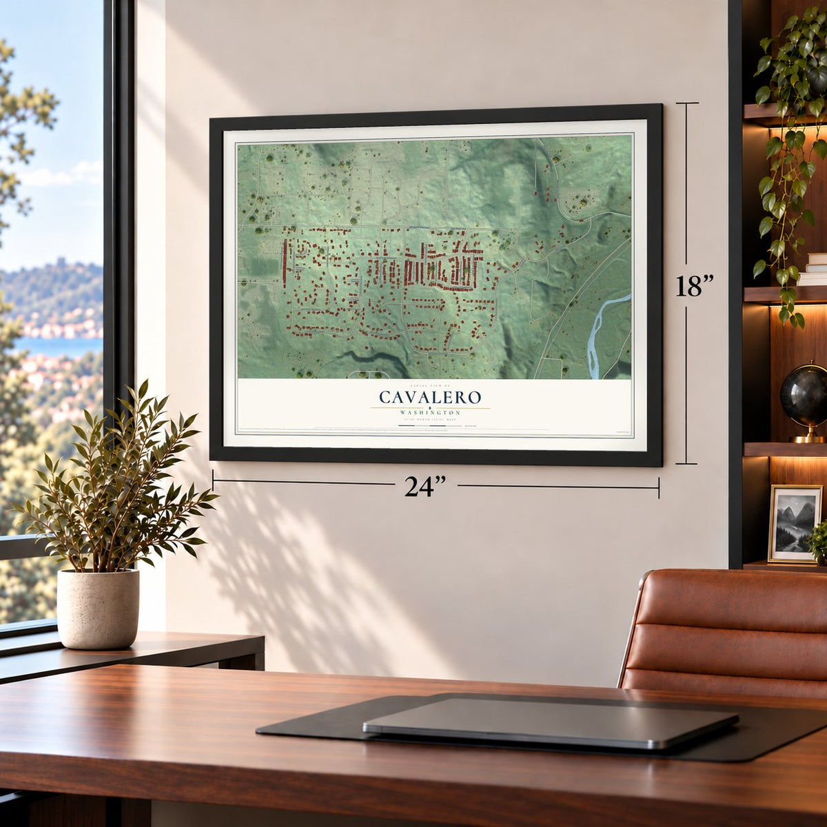 Cavalero, Washington map, 18 x 24 inch print in a black frame in a home office