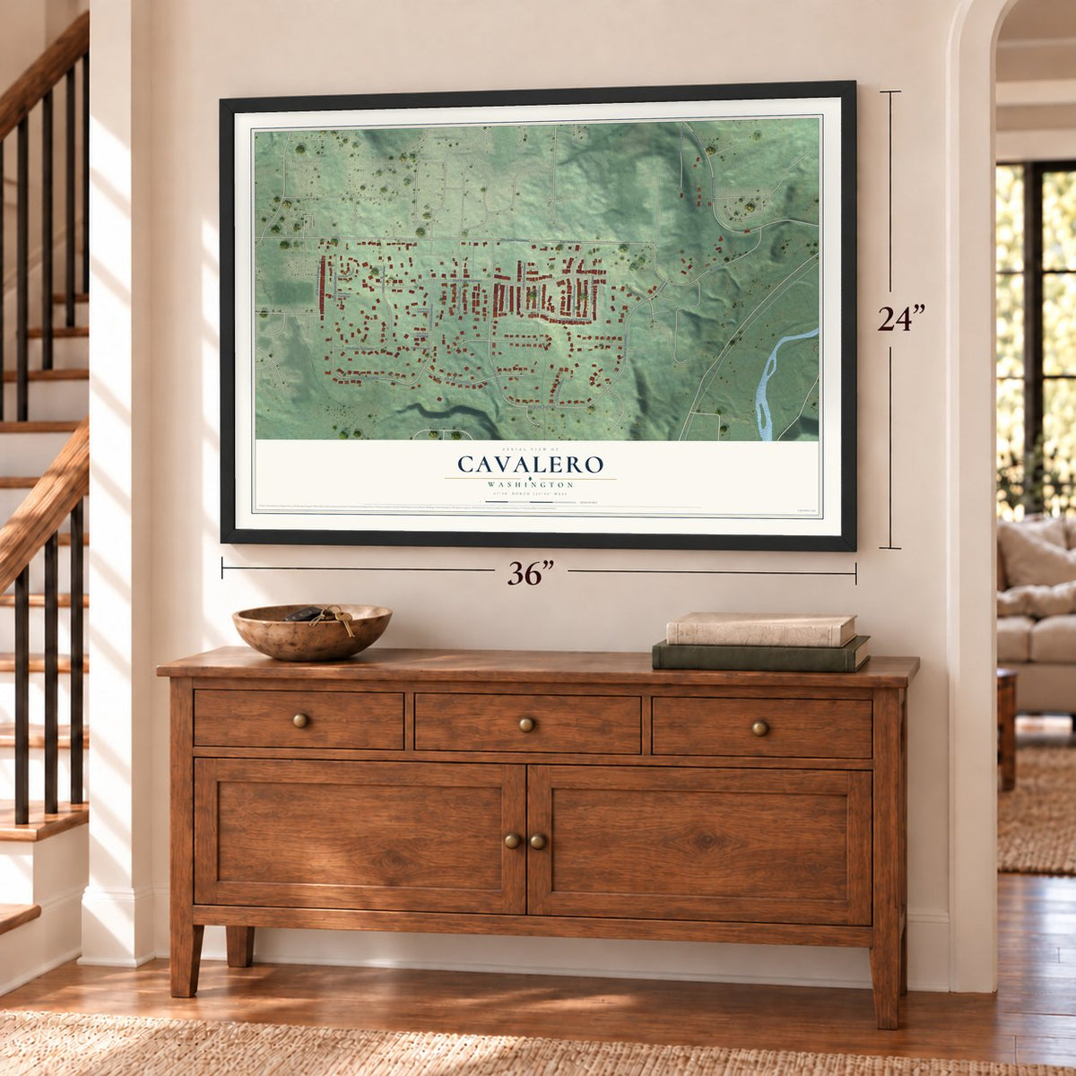 Cavalero, Washington map, 24 x 36 inch print in a black frame above a dresser by a staircase