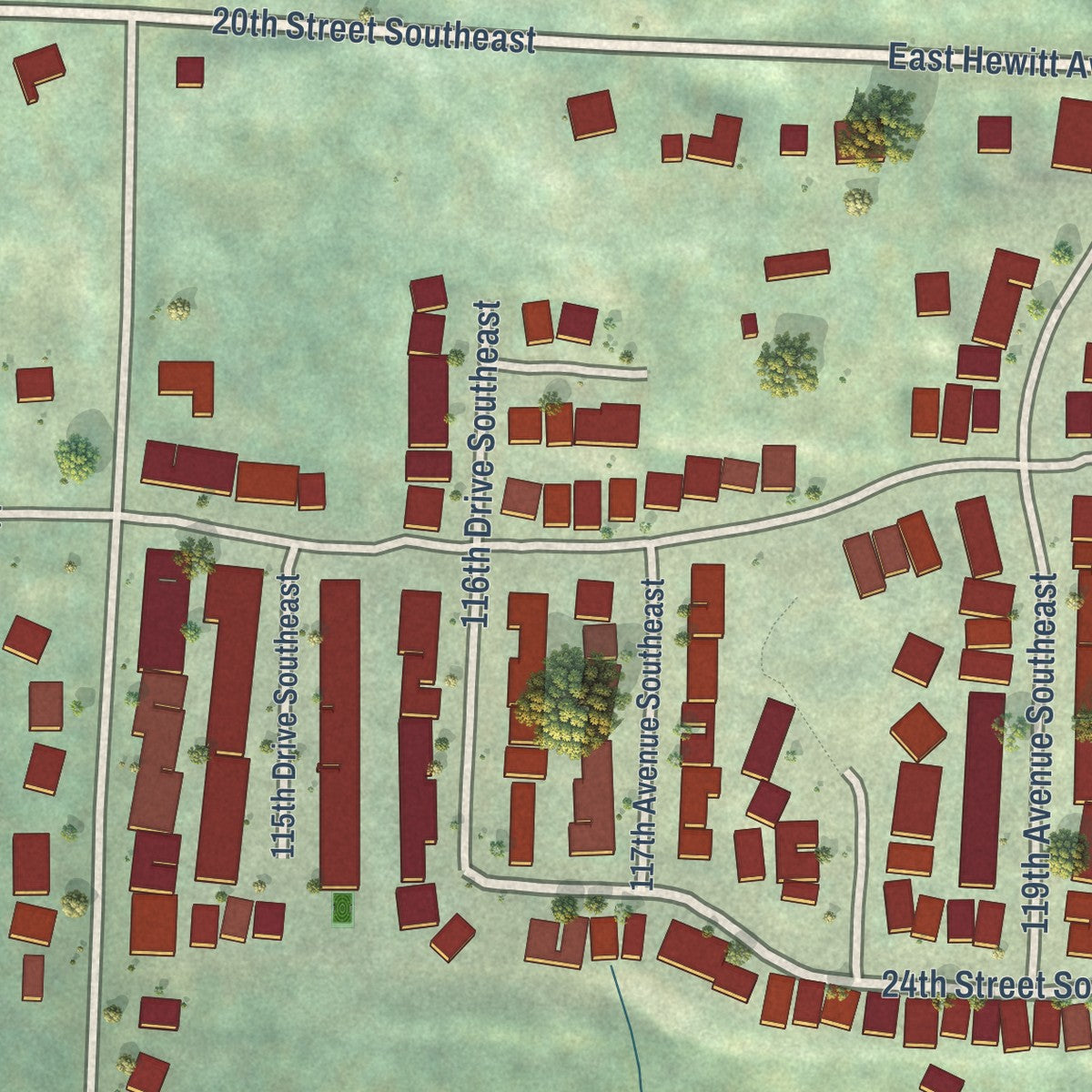 Close-up of the map of Cavalero, Washington print showing street and building detail