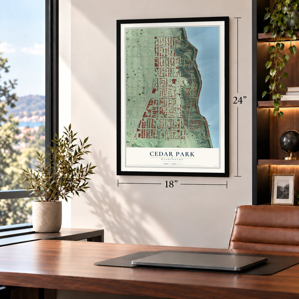 Cedar Park, Washington map, 18 x 24 inch print in a black frame in a home office