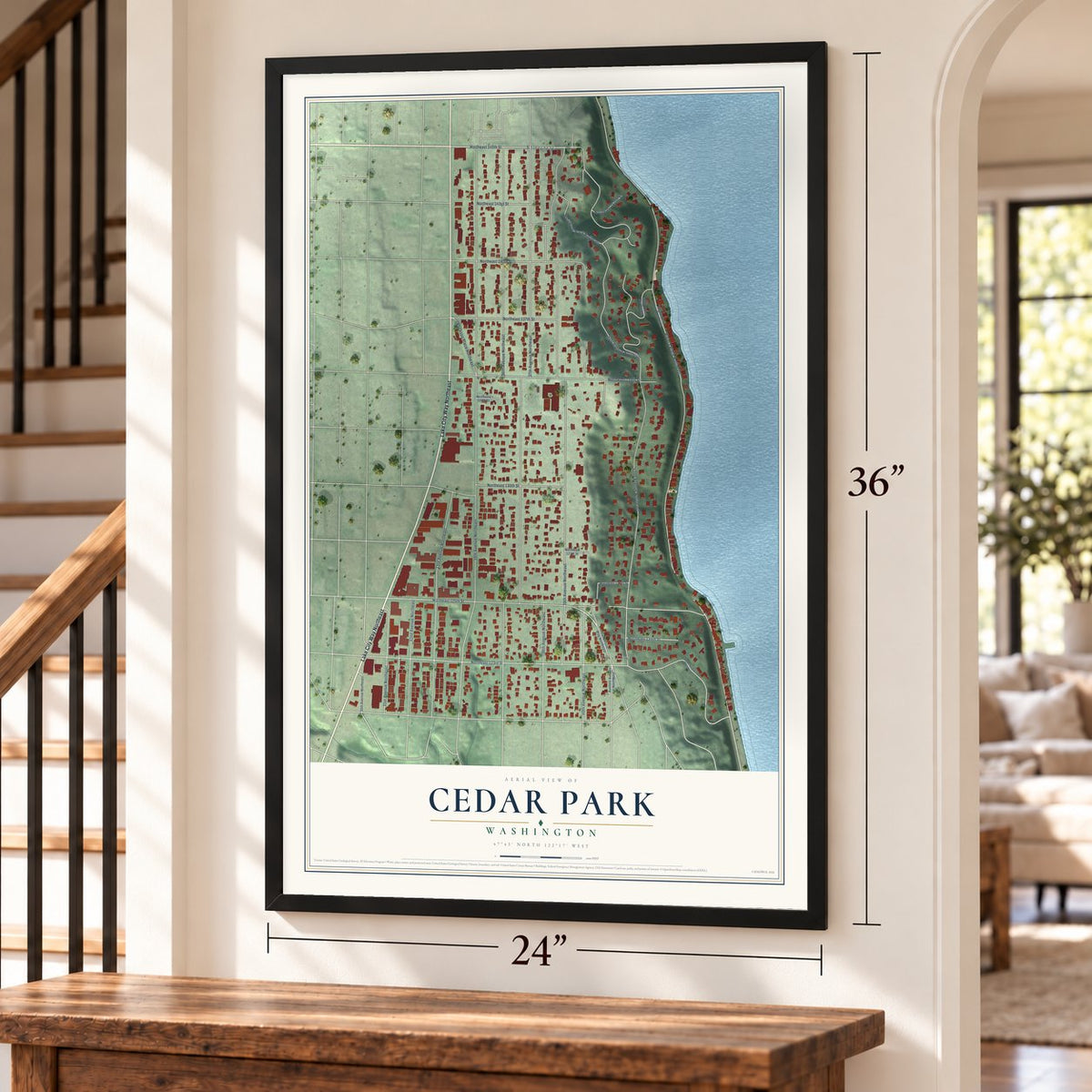 Cedar Park, Washington map, 24 x 36 inch print in a black frame by a staircase