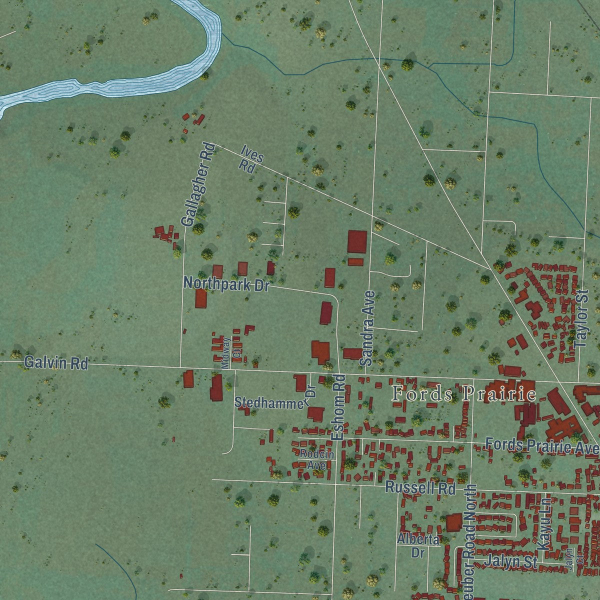 Second close-up of the map of Centralia, Washington print showing more streets and buildings