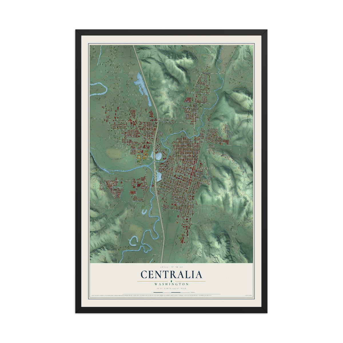 Map of Centralia, Washington, 12 x 18 inch print in a black wood frame