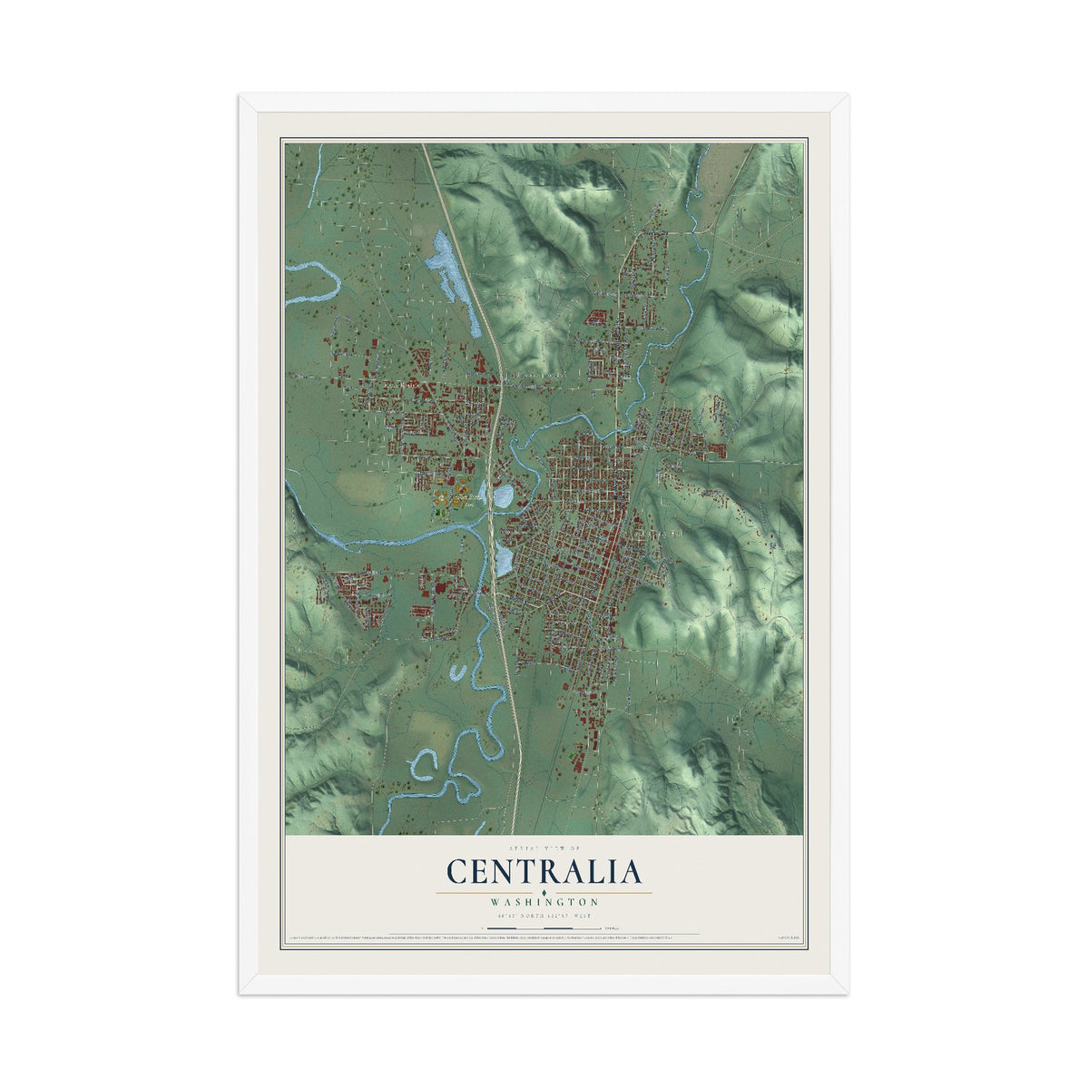 Map of Centralia, Washington, 12 x 18 inch print in a white wood frame