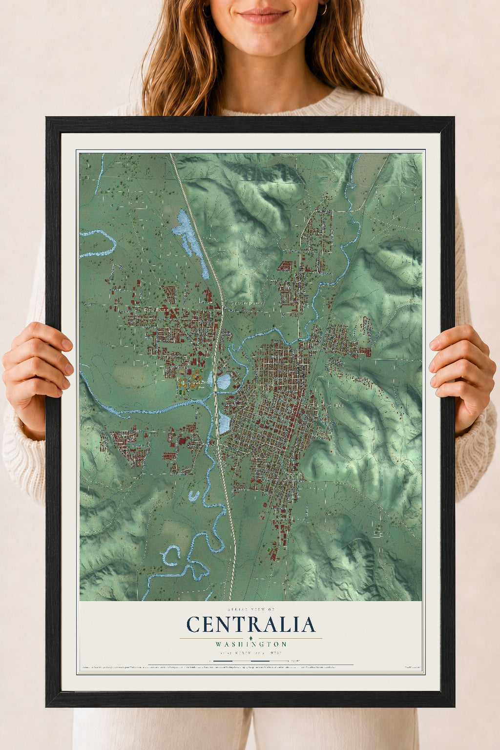 Map of Centralia, Washington, 18 x 24 inch print in a black wood frame