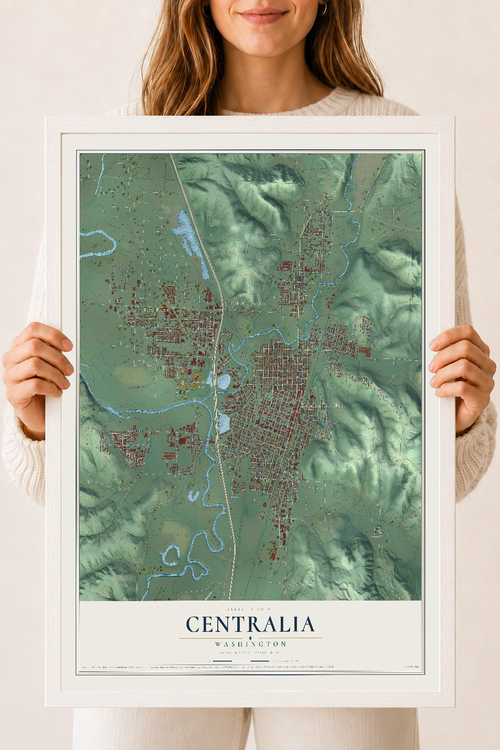 Map of Centralia, Washington, 18 x 24 inch print in a white wood frame