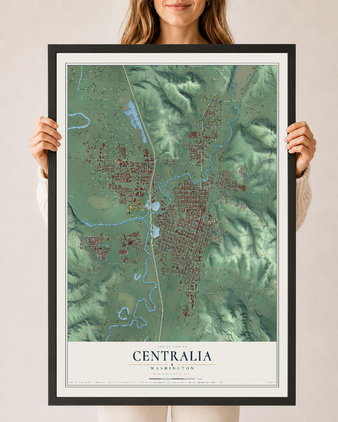 Map of Centralia, Washington, 24 x 36 inch print in a black wood frame