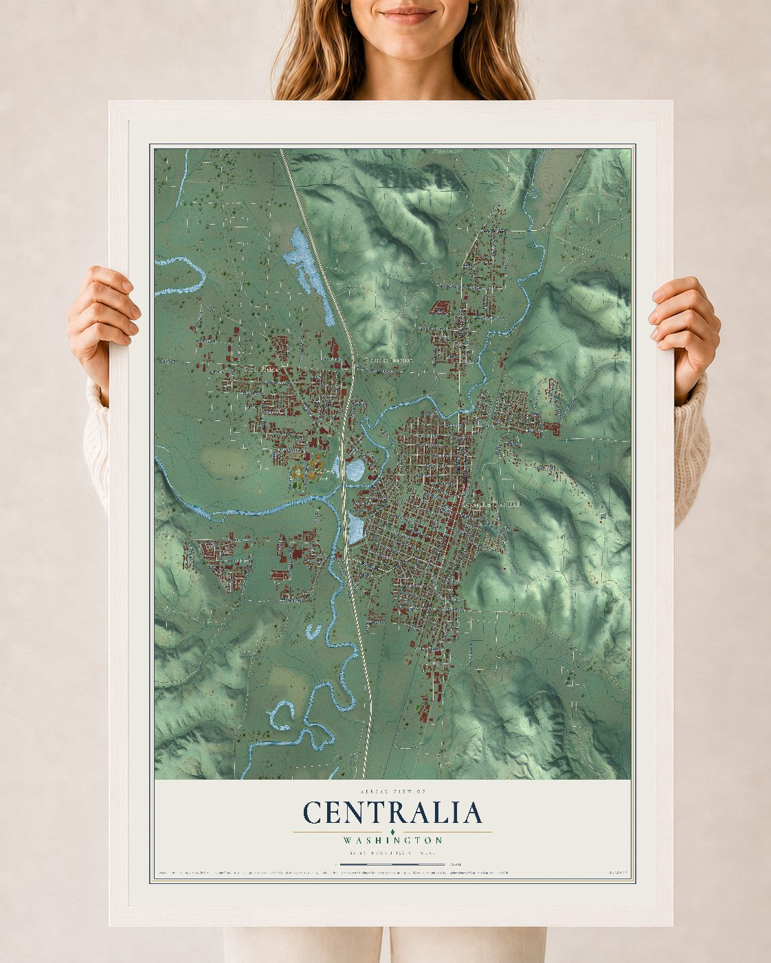Map of Centralia, Washington, 24 x 36 inch print in a white wood frame
