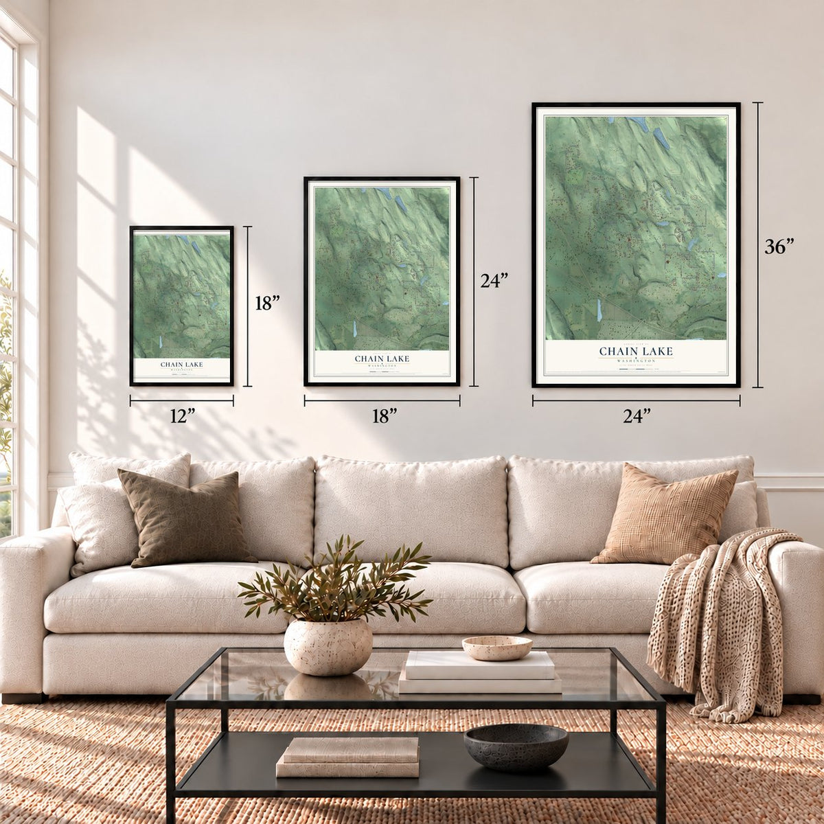 Chain Lake, Washington map in 12 x 18, 18 x 24 and 24 x 36 inch sizes above a sofa