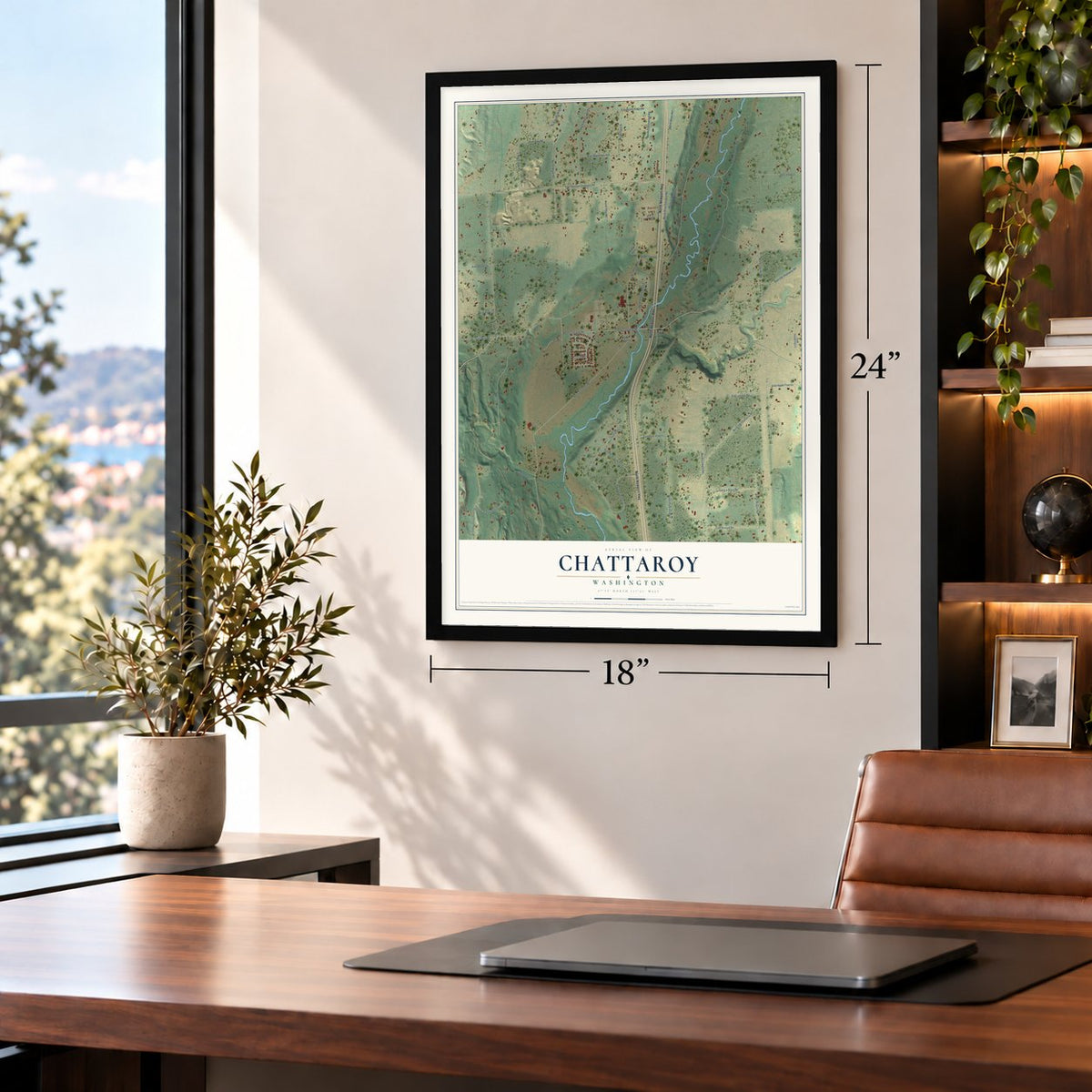 Chattaroy, Washington map, 18 x 24 inch print in a black frame in a home office